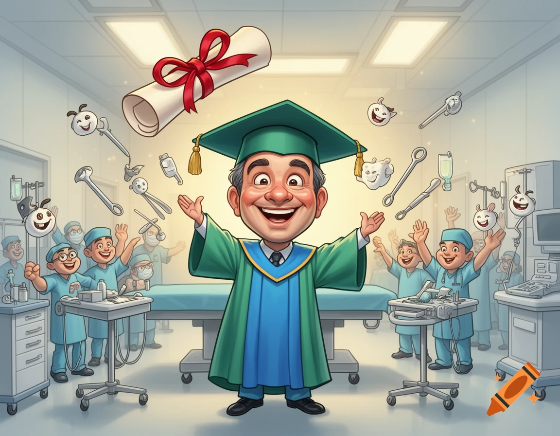 Cartoon man in graduation cap and gown celebrates in an operating room with jubilant medical staff and floating instruments.