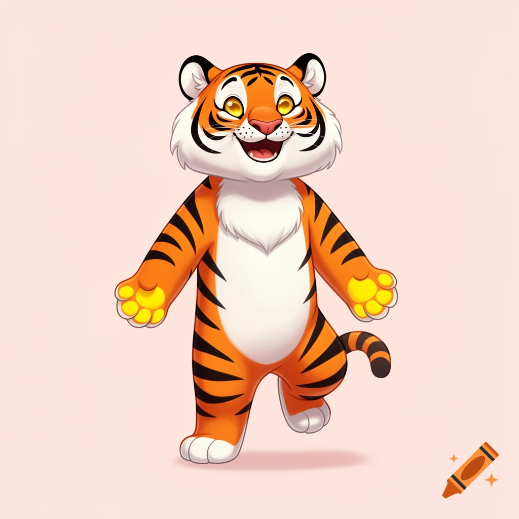 A cheerful, standing anthropomorphic tiger cartoon character with orange and black stripes, white chest, and yellow eyes.