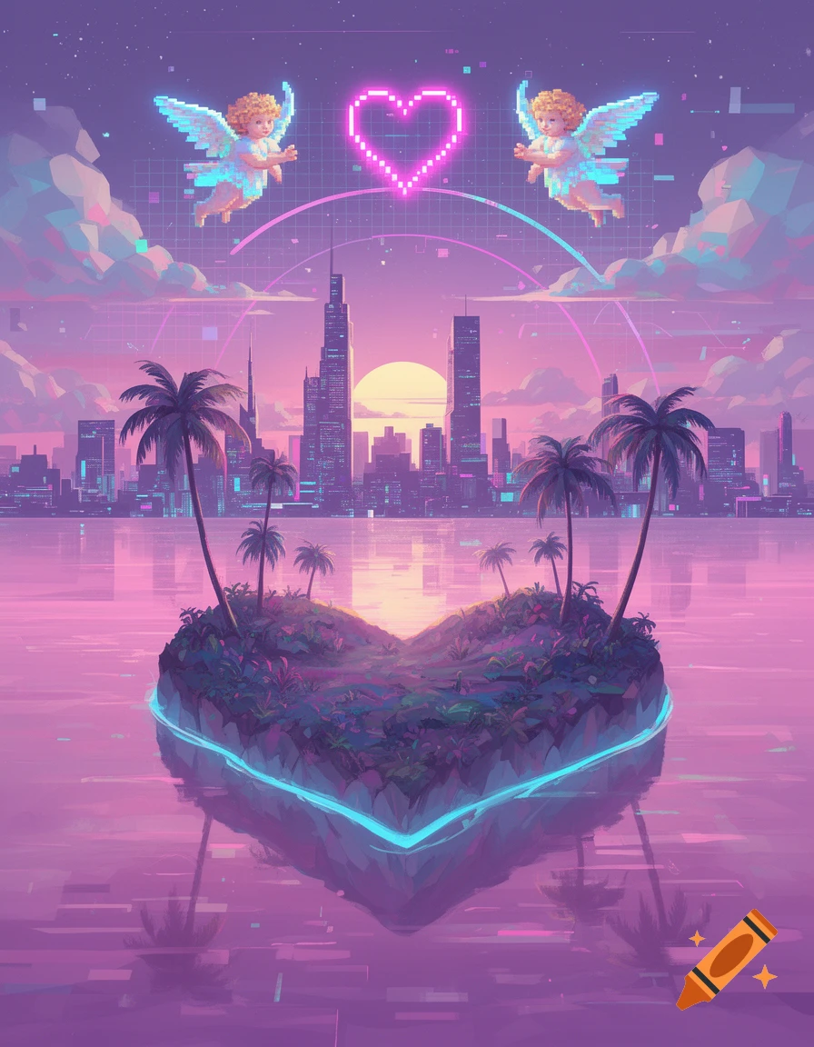Vaporwave art of a heart-shaped island with palm trees, city skyline at sunset, pixel cherubs, and neon heart.