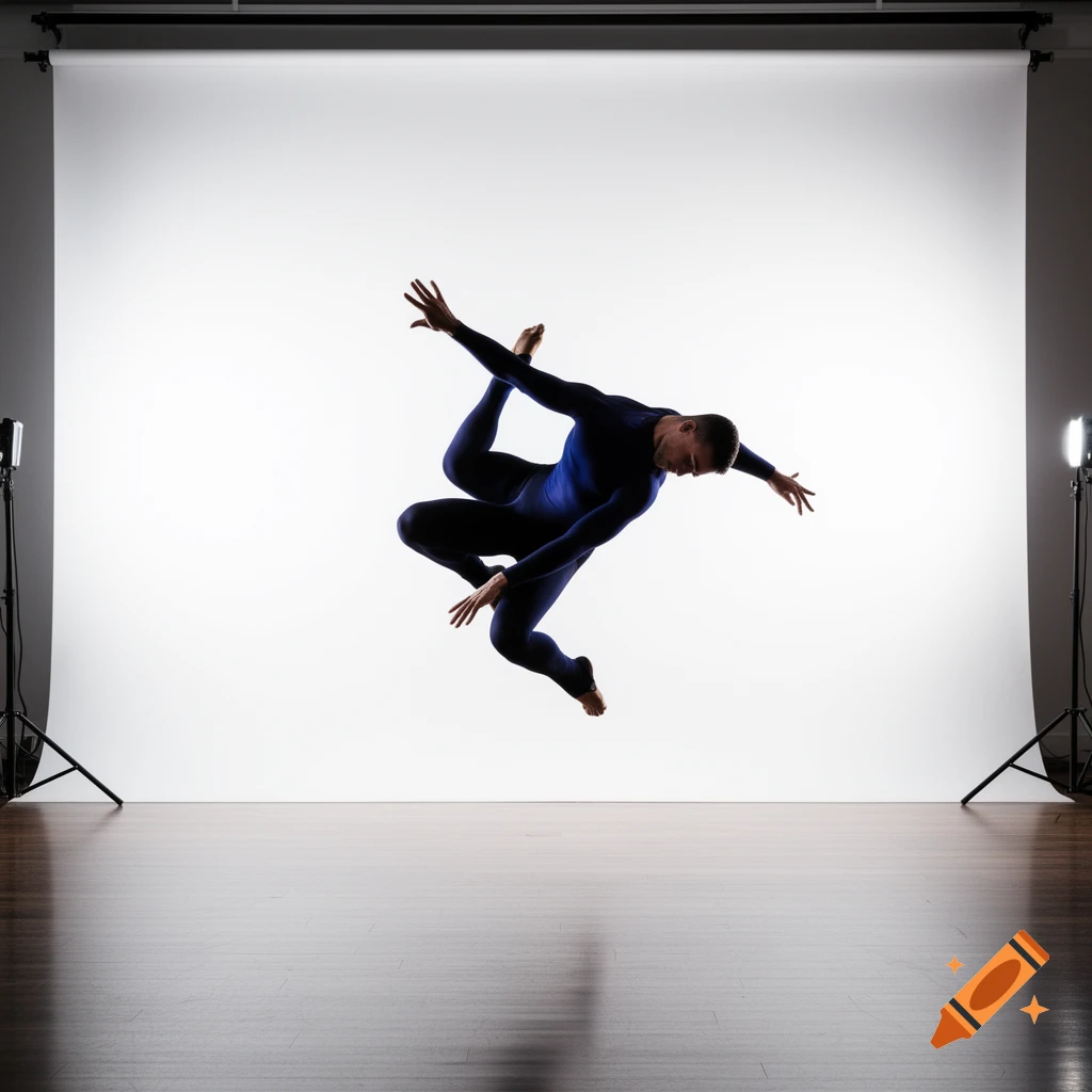 A male dancer in a blue bodysuit leaps gracefully in a well-lit studio against a white backdrop.