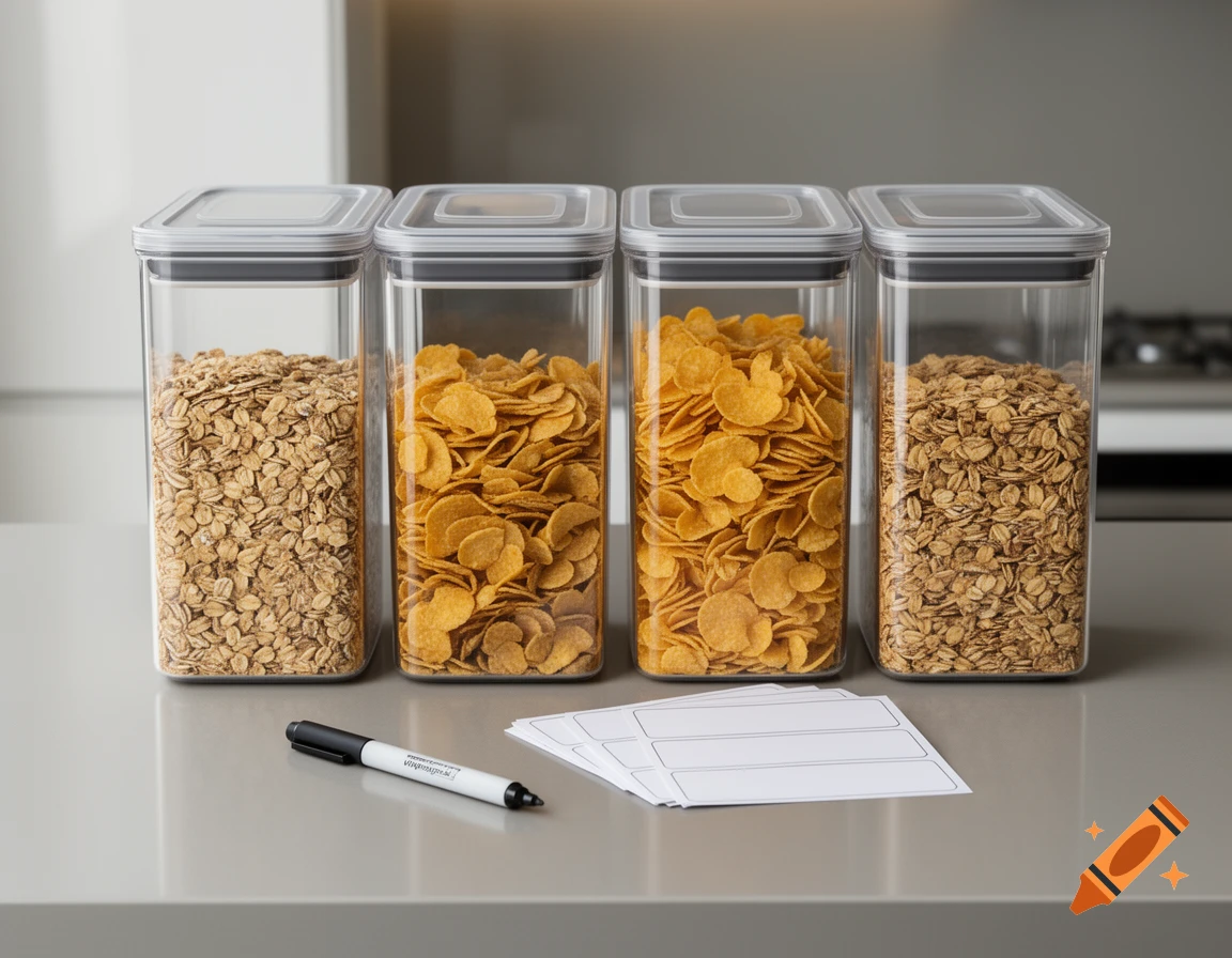 Four clear rectangular containers filled with oats and cornflakes, a black marker pen, and white labels on a grey kitchen counter.