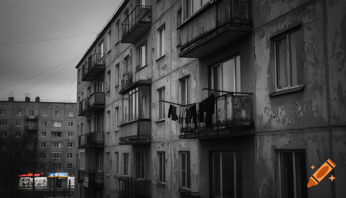 Black and white photo of a weathered apartment building with clothes drying on a balcony, an urban scene.