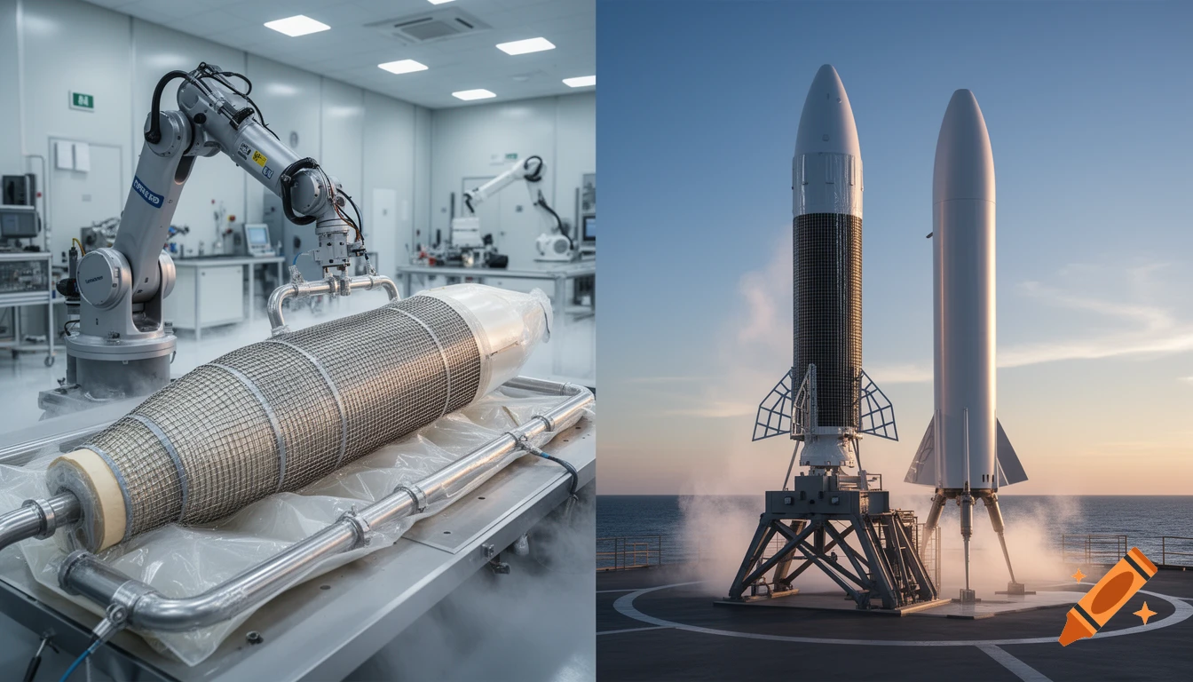 Split image showing a robot manufacturing a rocket shell in a lab and two rocket boosters on a coastal launchpad at sunrise.