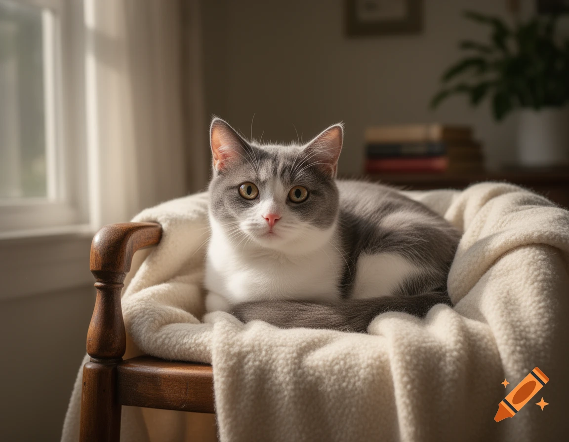 A gray and white cat with golden eyes lies curled up on a cream blanket in a wooden chair, bathed in sunlight from a window.