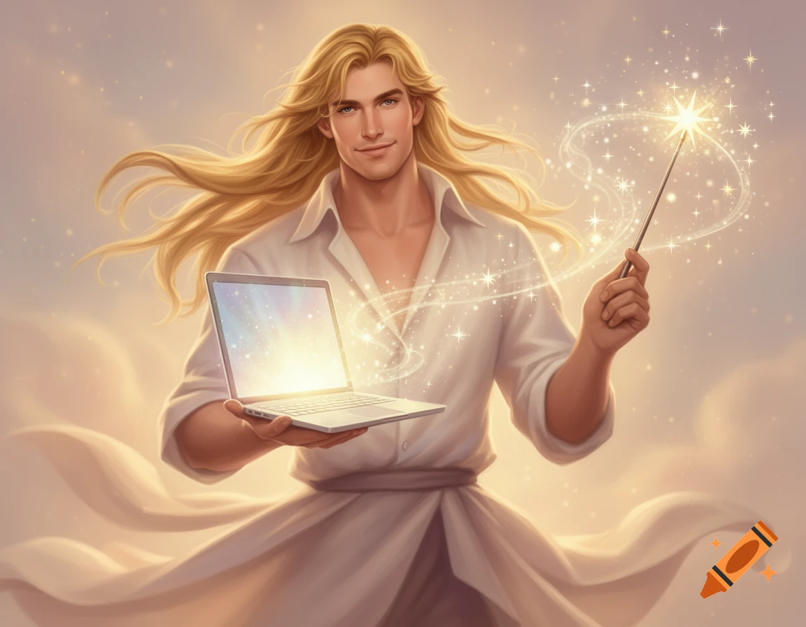 A charming fantasy hero with long golden hair smiles, holding a glowing laptop and a sparkling magic wand in a whimsical digital painting.