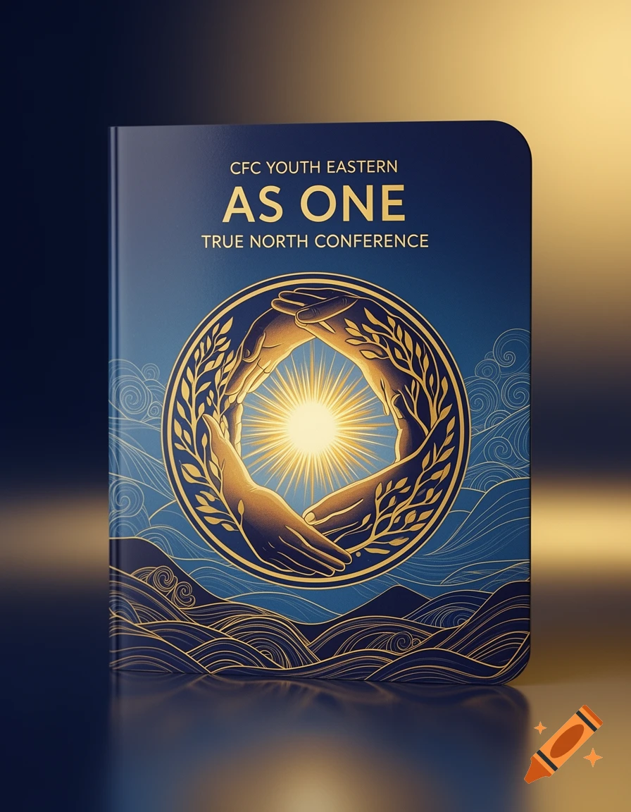 A dark blue book cover with a golden circular emblem showing four hands around a sun, surrounded by leaves and waves. Text reads: CFC YOUTH EASTERN AS ONE TRUE NORTH CONFERENCE.