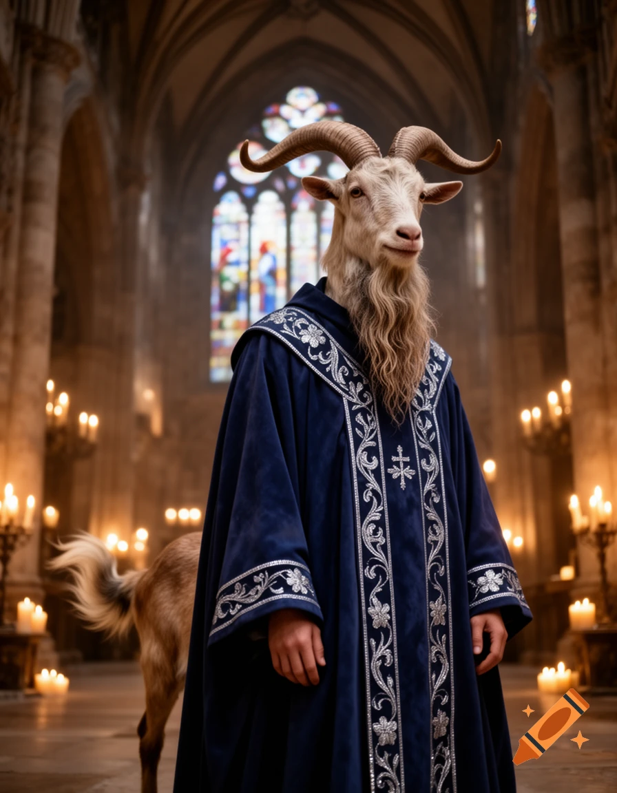 A photorealistic image of a goat-headed man in a blue, silver-embroidered priest's robe standing in a dimly lit cathedral with stained glass windows and candles.