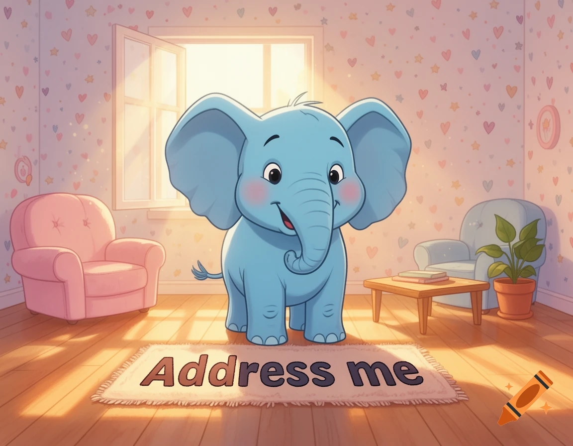 A cute cartoon baby elephant with big ears stands on a rug that says "Address me" in a brightly lit room with heart wallpaper.