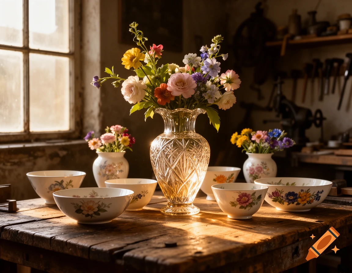 A still life of colorful flowers in a crystal vase and ornate bowls on a rustic wooden table, illuminated by sunlight from a window.