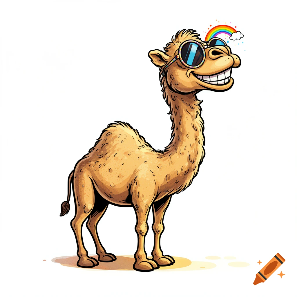A cartoon camel wearing cool sunglasses and smiling, with a small rainbow above its head, on a white background.