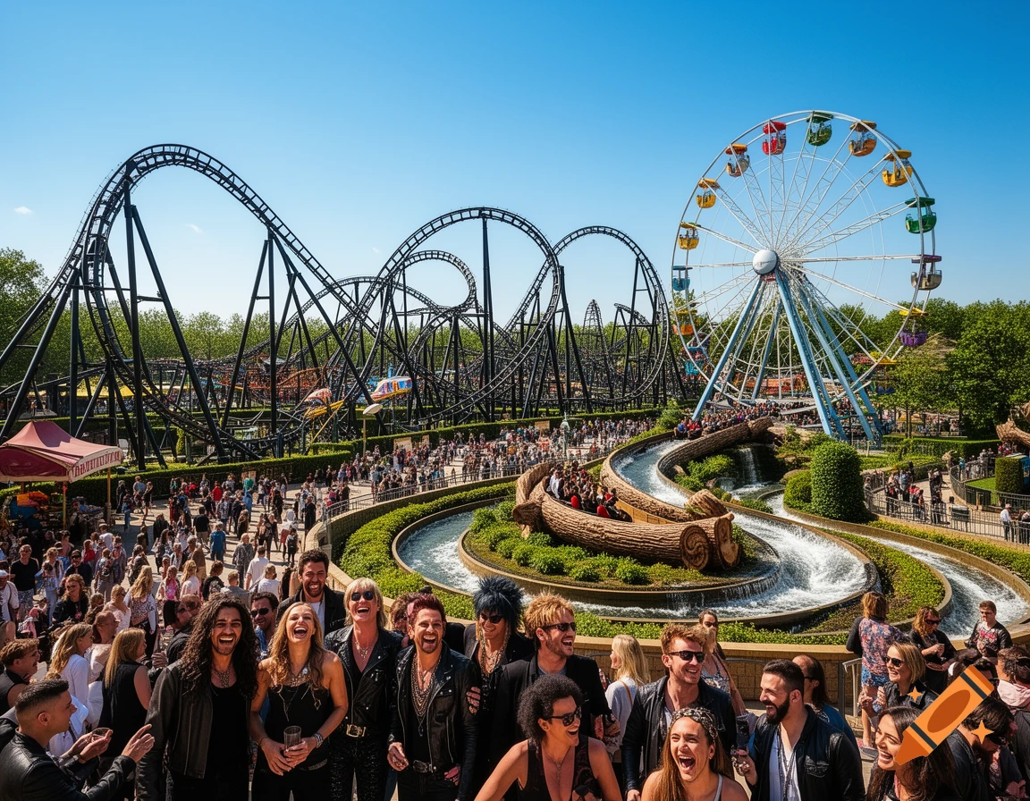 A vibrant amusement park scene with rollercoasters, a Ferris wheel, and a log flume. A group of cheerful adults pose in the foreground.
