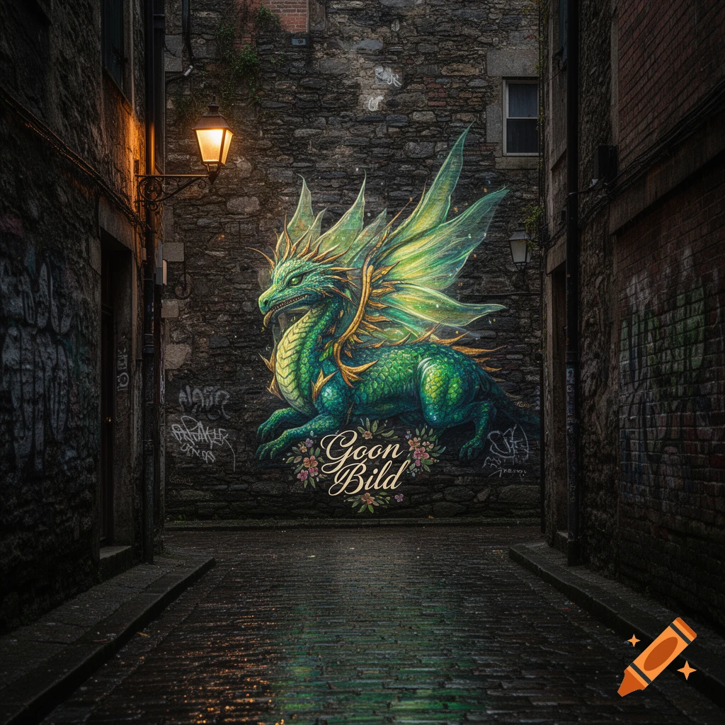 A vibrant green and gold dragon mural on a dark stone wall in a dimly lit, wet urban alleyway, with 'Goon Bild' text below.