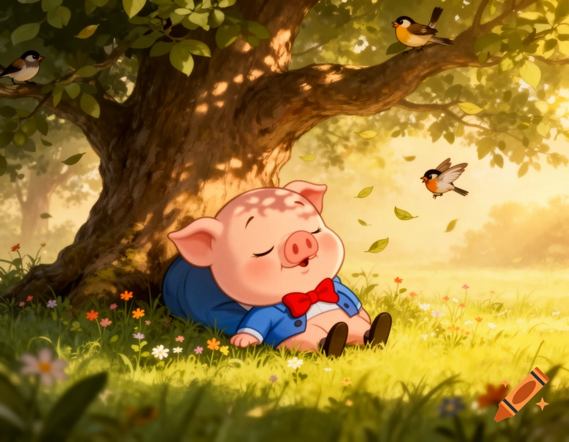 A cute cartoon pig in a blue jacket and red bowtie sleeps peacefully under a large tree in a sunny, grassy field with birds and falling leaves.