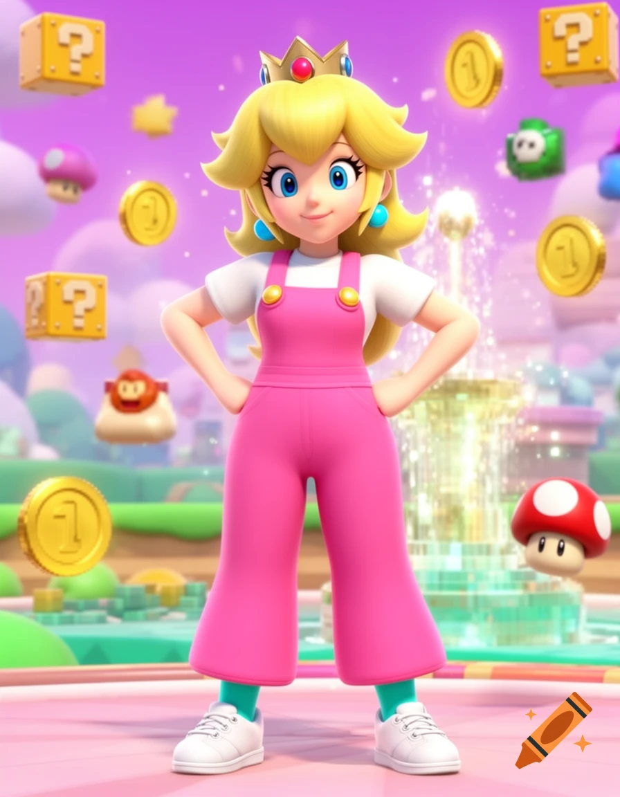 Princess Peach in pink overalls stands in a vibrant 3D video game world with question blocks, coins, and mushrooms.