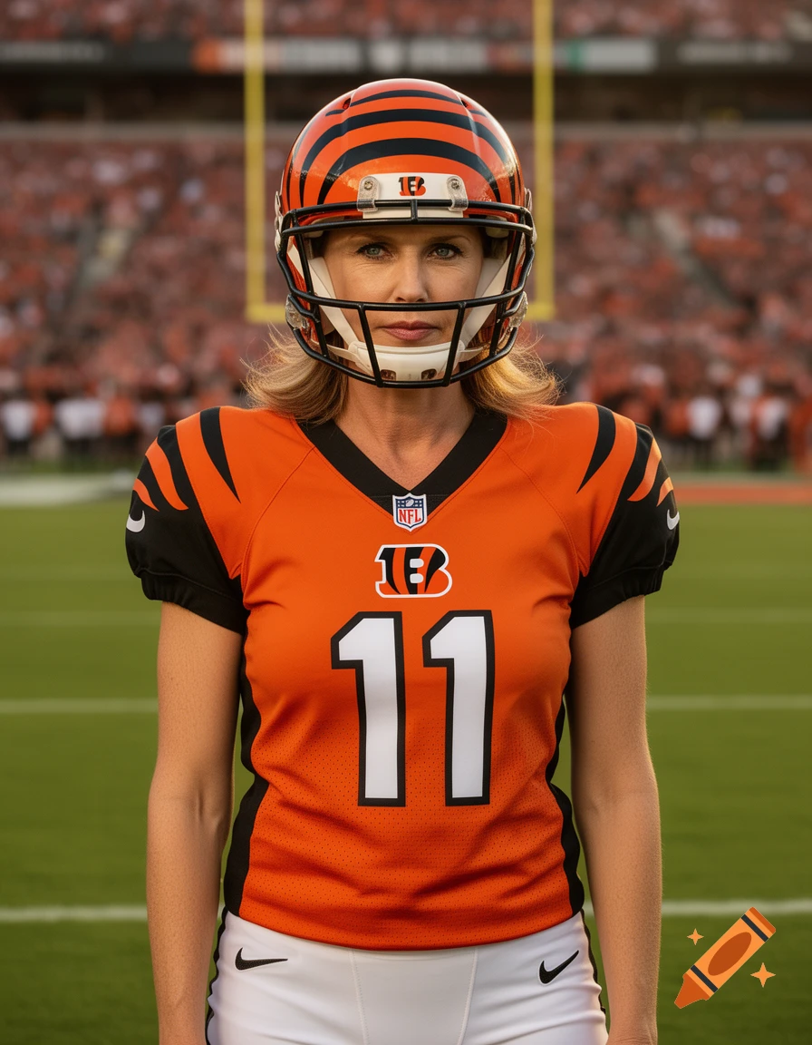 A woman in a Cincinnati Bengals football uniform and helmet stands on a football field.