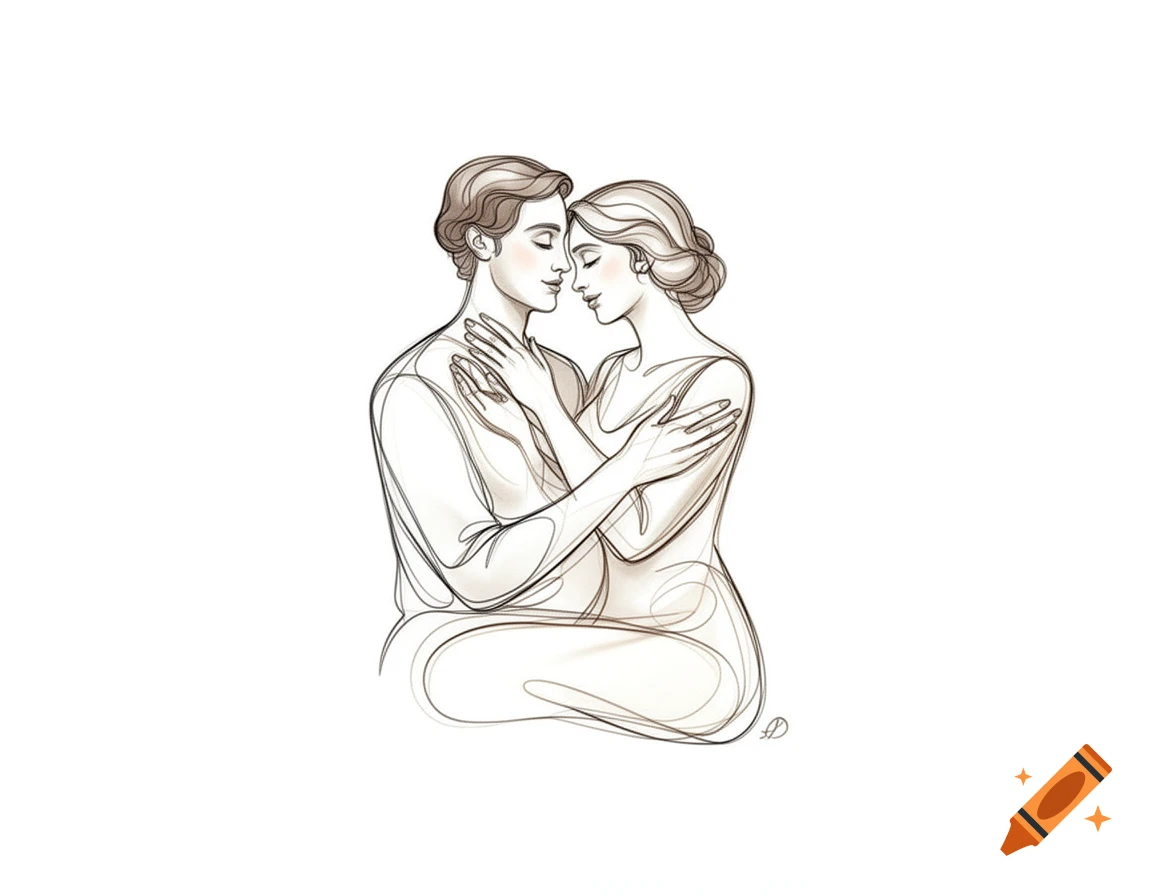 Line art illustration of a man and a woman embracing, foreheads touching, with subtle shading.