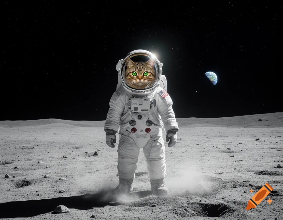 A tabby cat in a white astronaut suit stands on the dusty, cratered surface of the moon with Earth visible in the dark sky.