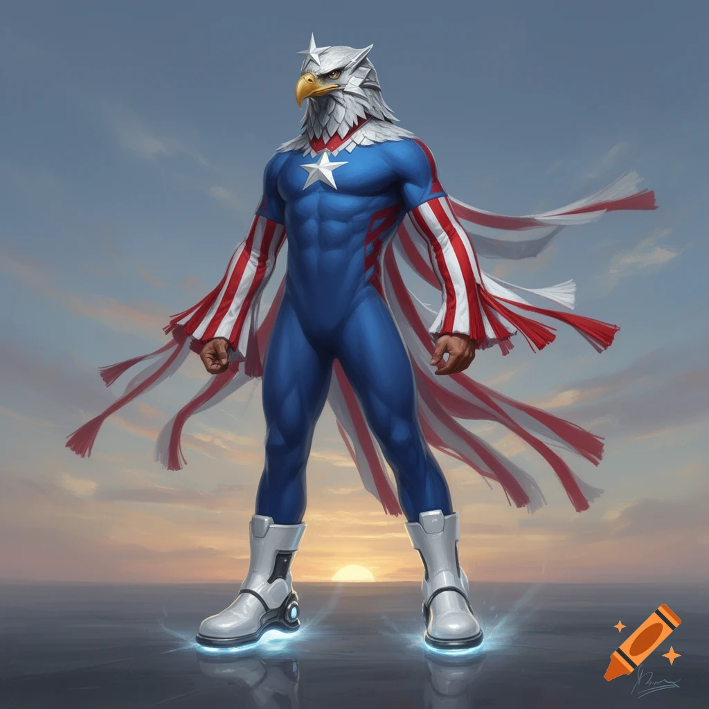 An athletic man in a blue bodysuit with an eagle head helmet, red and white striped sleeves and tassels, and white hover boots, standing against a sunset sky.