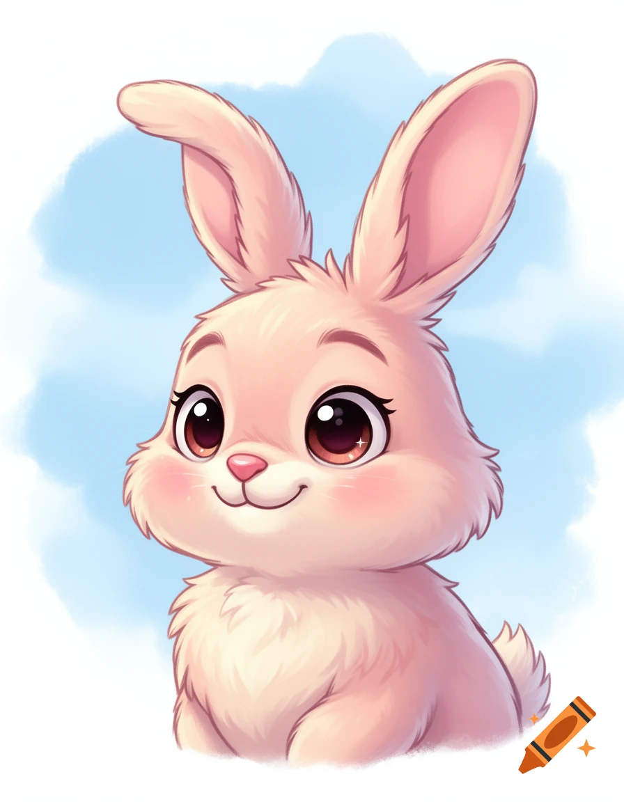 A cute pink cartoon bunny with large ears and big sparkly eyes smiles against a soft blue background.