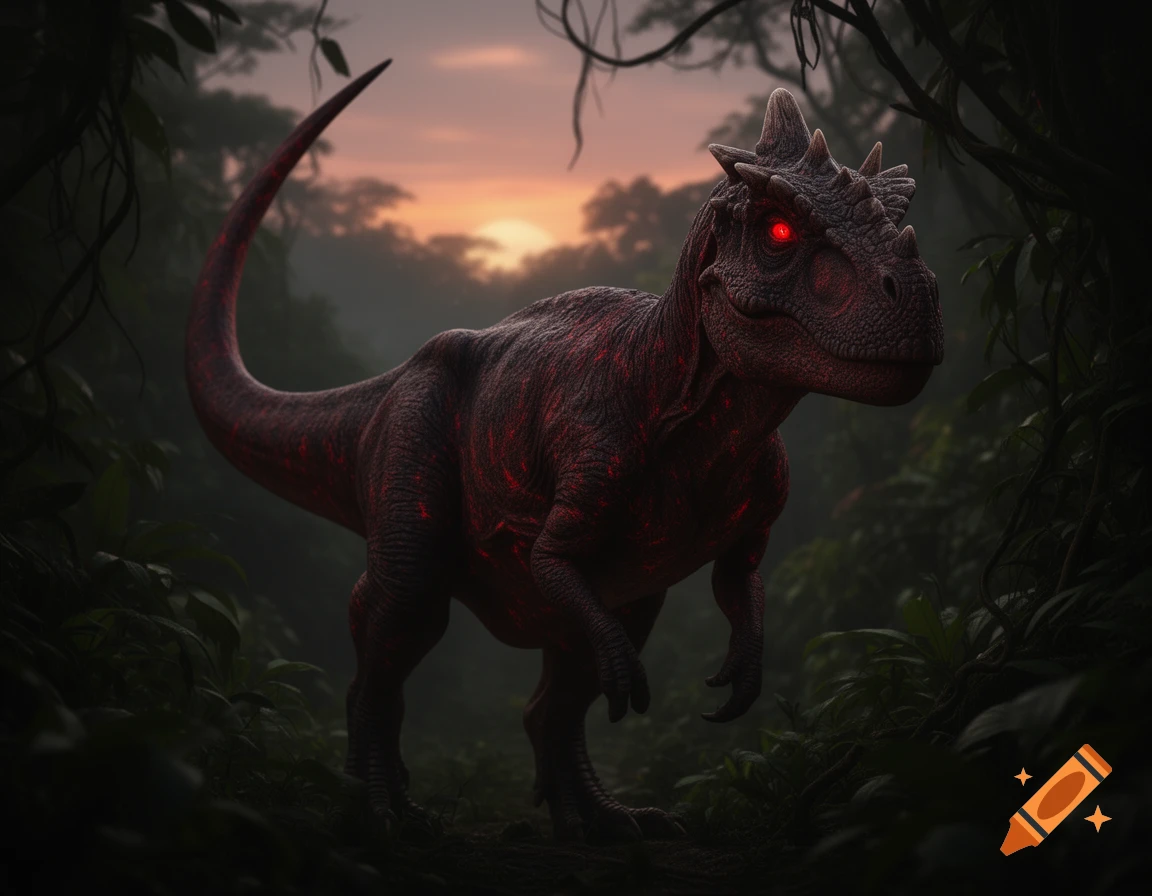 A menacing red dinosaur with glowing red eyes stands in a dark jungle at sunset, its body radiating a subtle red light.