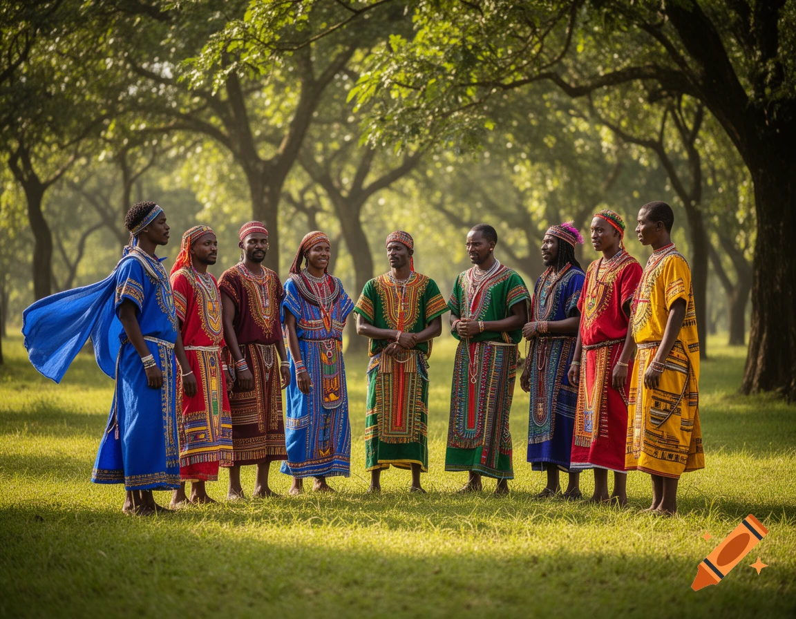A group of men in colorful traditional African clothing stands in a grassy park setting.