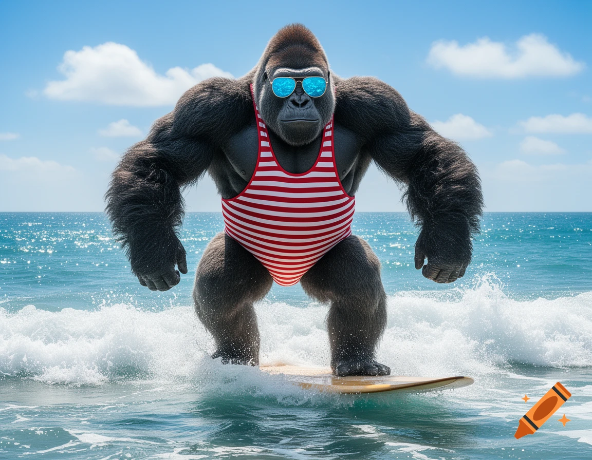 Photorealistic gorilla in a red and white striped swimsuit and sunglasses surfing on a wave in the ocean.