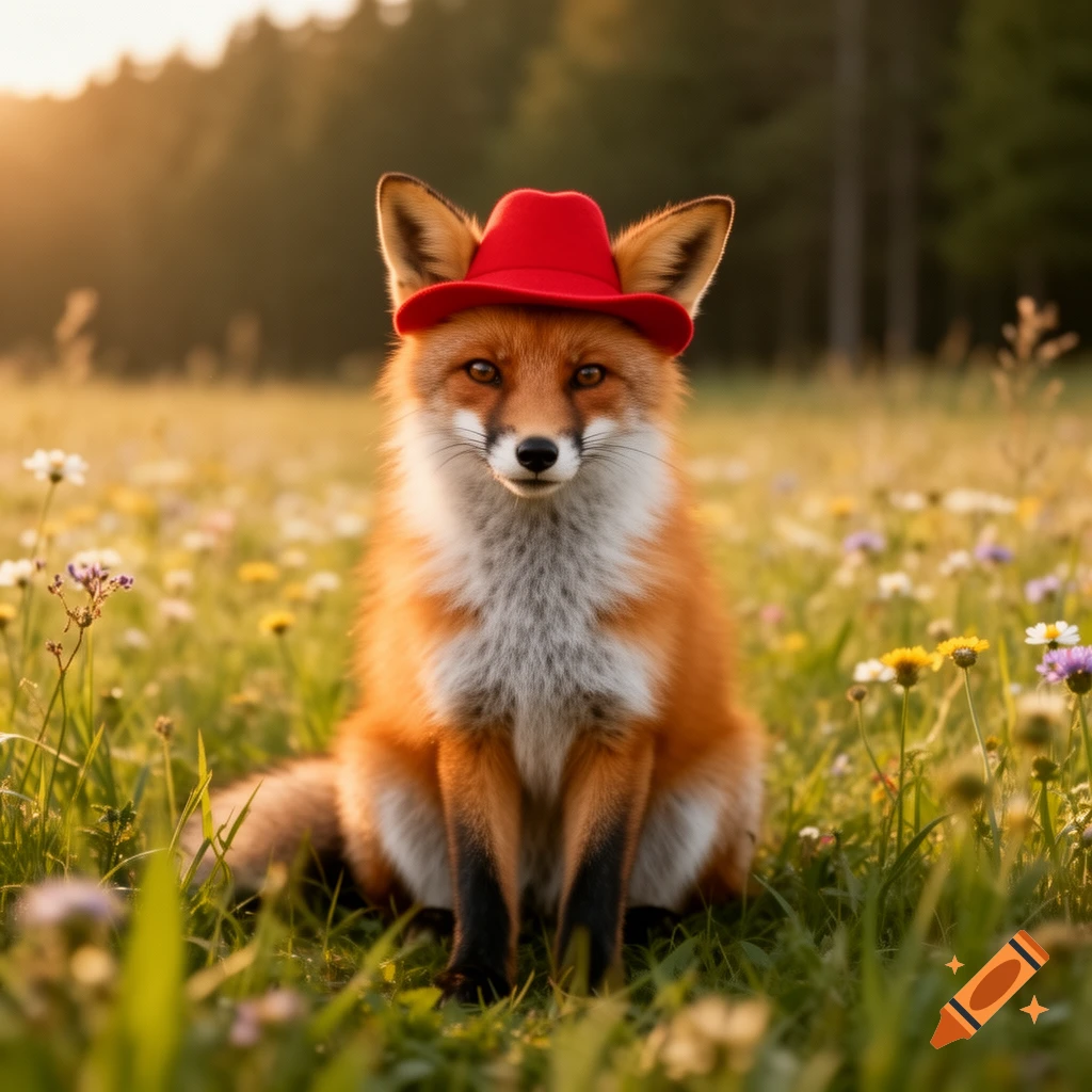 A cute fox wearing a red hat sits in a sunny field among wildflowers, looking directly forward.