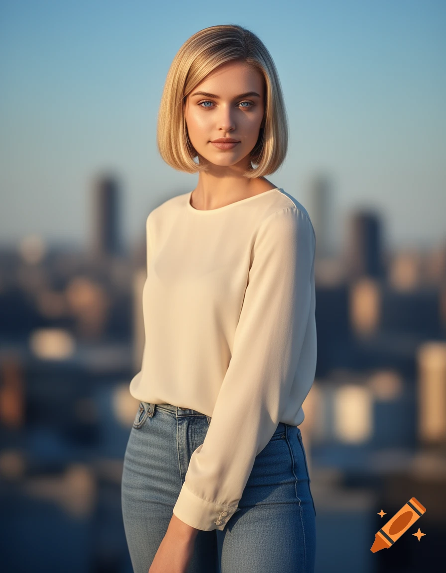 Photorealistic portrait of a young woman with short blonde hair and blue eyes, wearing a white blouse and jeans, standing outdoors with a blurred city skyline.