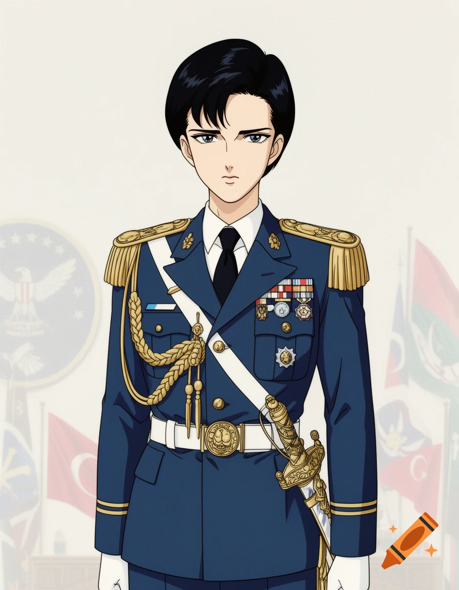 Anime-style woman in a dark blue military general's uniform with gold epaulets and medals, holding a decorative saber.