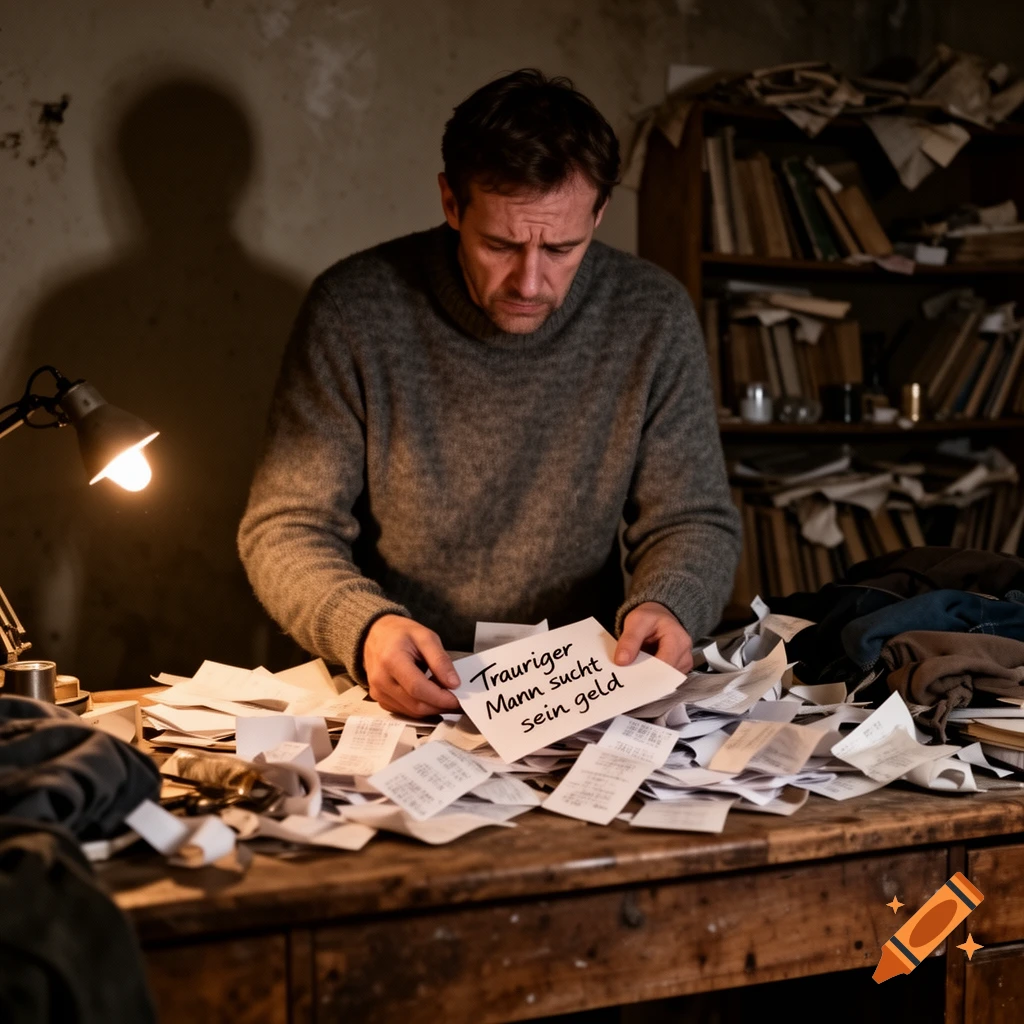 A distressed man in a grey sweater sits at a desk piled with papers, holding a note that reads 'Sad man seeks his money' under the glow of a desk lamp.