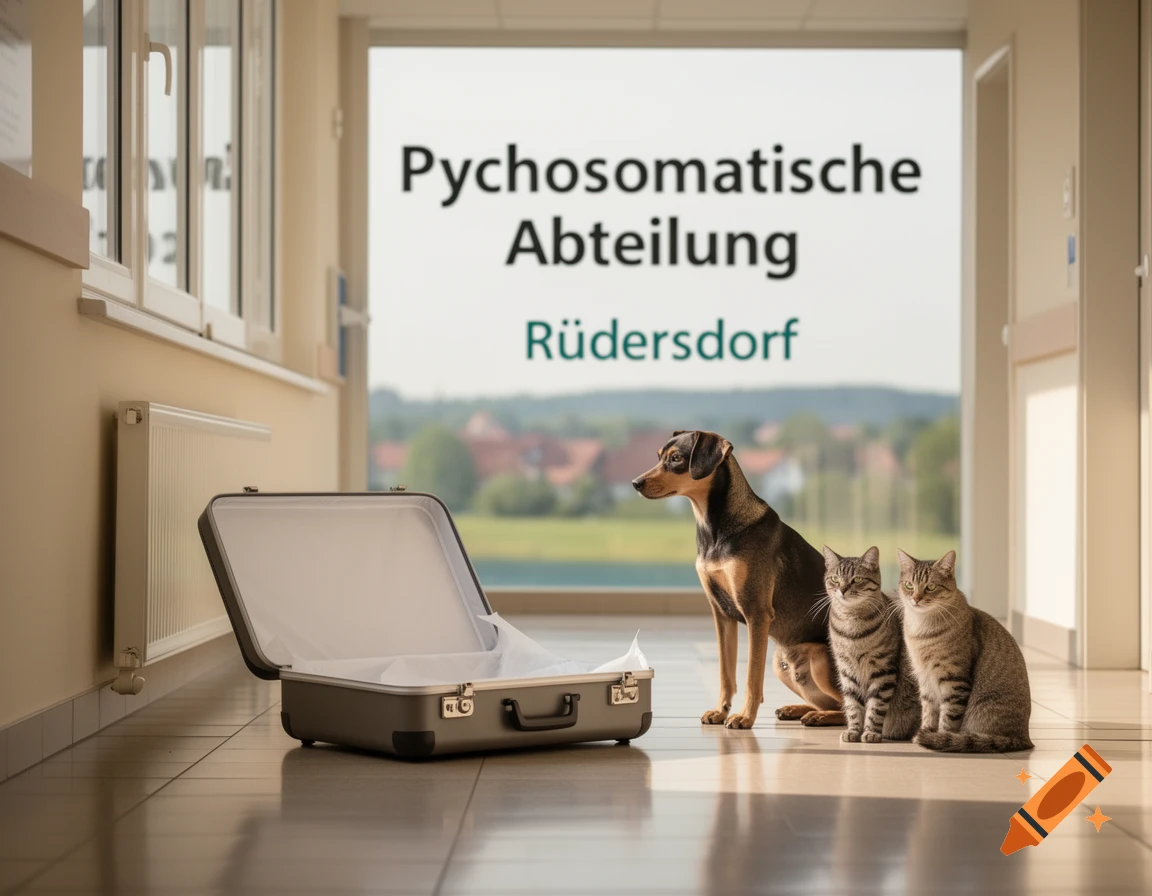 A dog and two cats sit next to an open suitcase in a corridor, with 'Pychosomatische Abteilung Rüdersdorf' on a window.