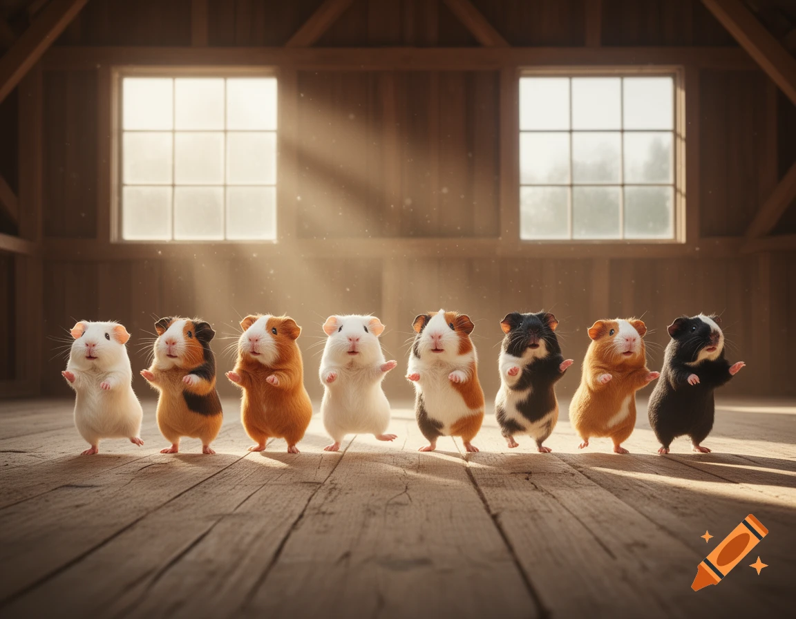 A line of eight adorable guinea pigs standing on their hind legs on a wooden floor in a barn with sunlight streaming through windows.