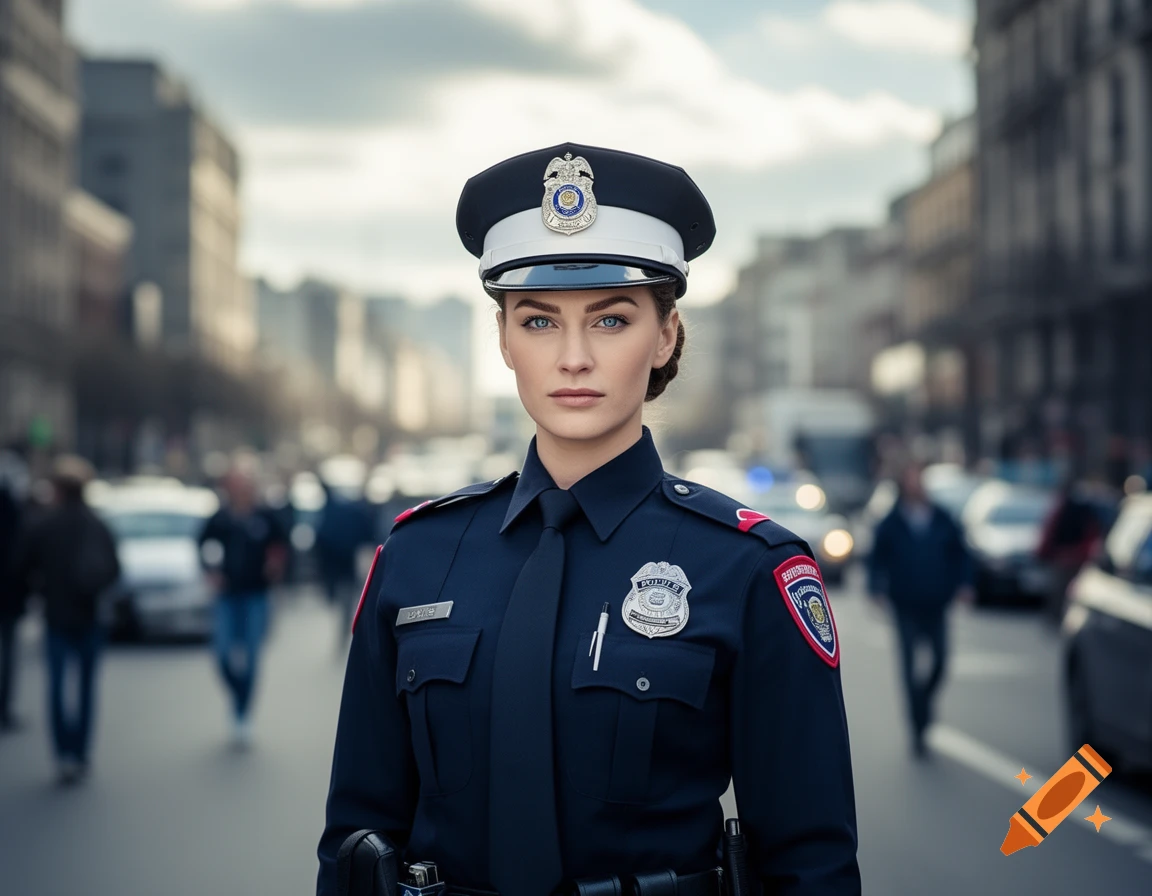 A photorealistic image of a beautiful female police officer in a dark blue uniform standing in the middle of a bustling city street.