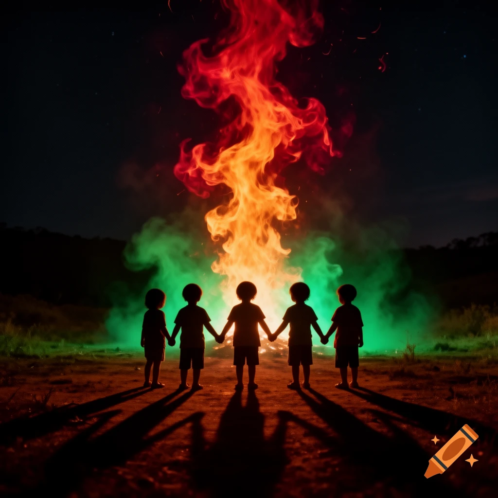 Silhouettes of five children holding hands against a vibrant red and orange bonfire with green smoke at night.