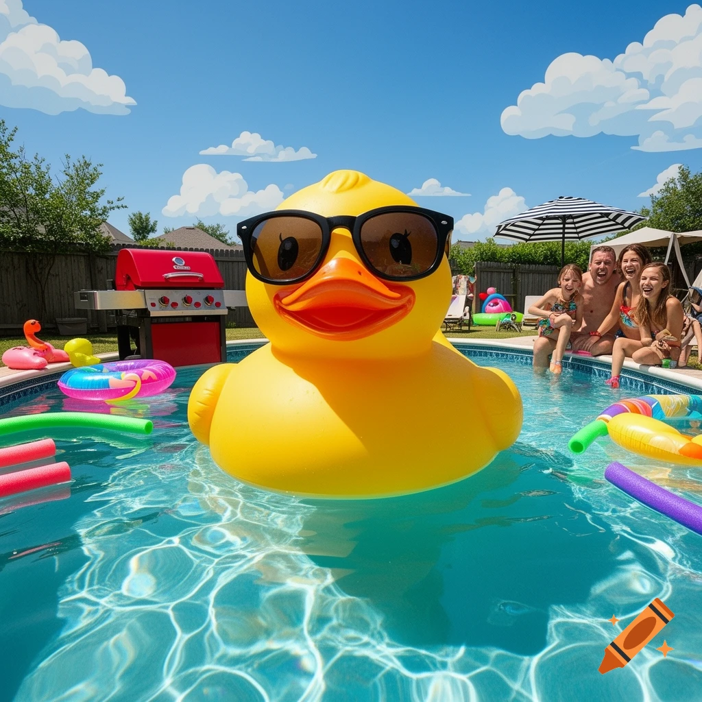 A giant rubber duck wearing sunglasses floats in a sunny swimming pool with a family and a grill in the background.