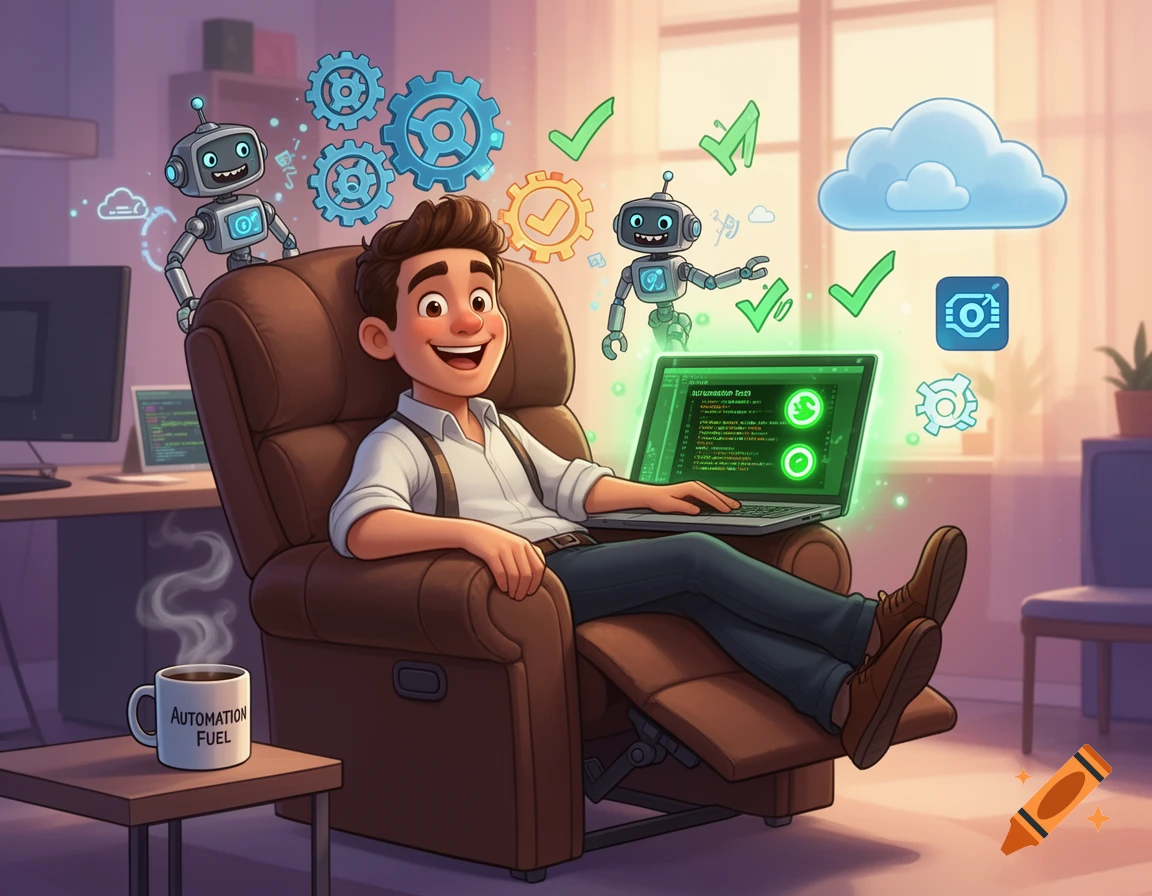 Cheerful cartoon of an automation engineer relaxing in a recliner with a laptop, friendly robots, gears, and a coffee mug labeled 'Automation Fuel' in a modern office.