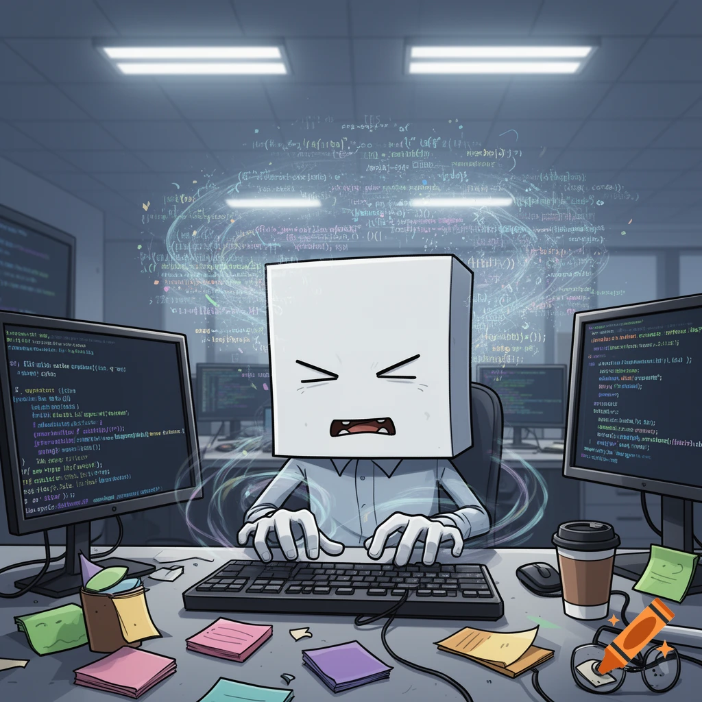 A stressed cartoon character with a rectangle head typing on a keyboard in an office, surrounded by floating code and messy sticky notes.