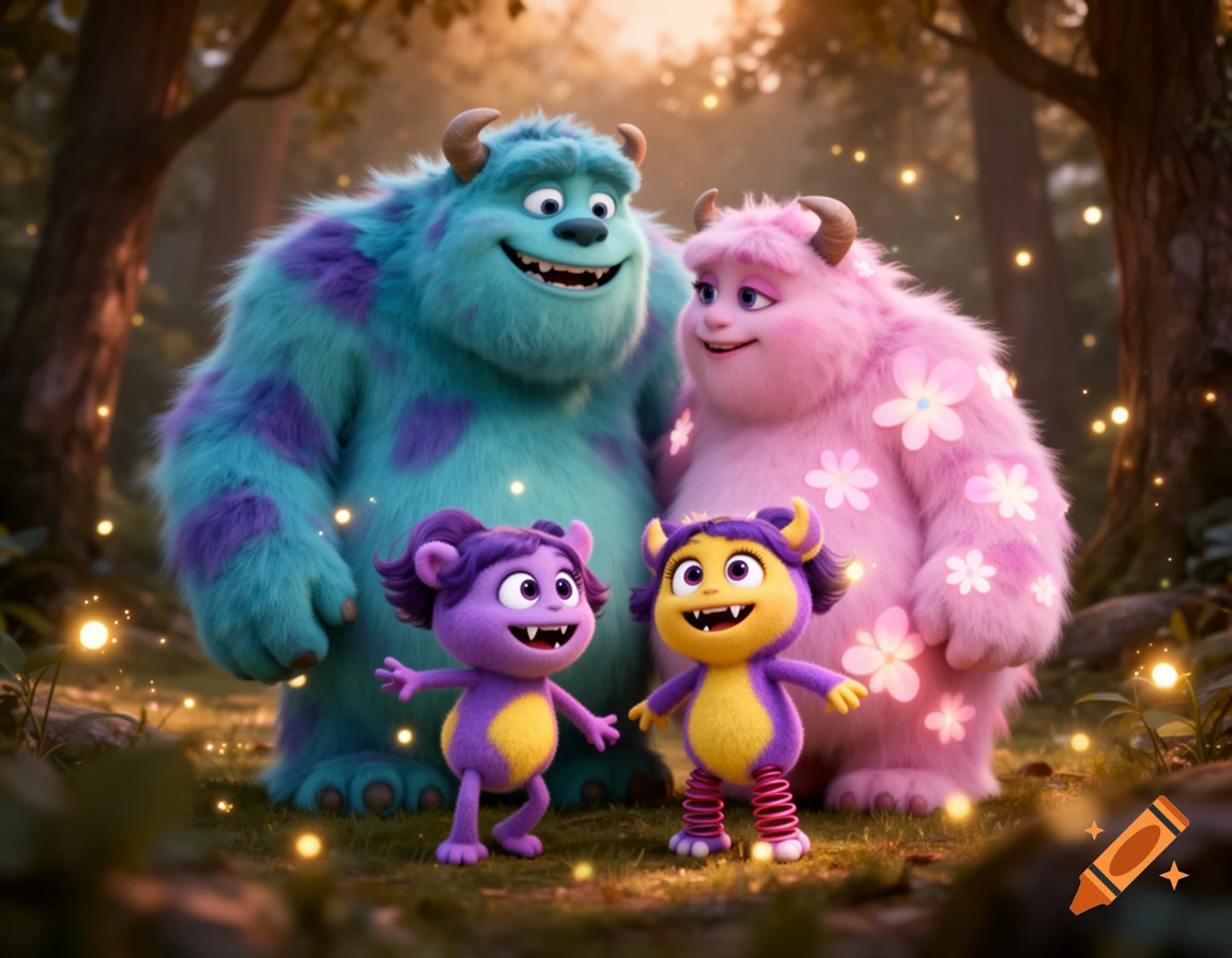 A family of fluffy, colorful monsters in a magical forest with glowing lights. Features two large and two small monsters.