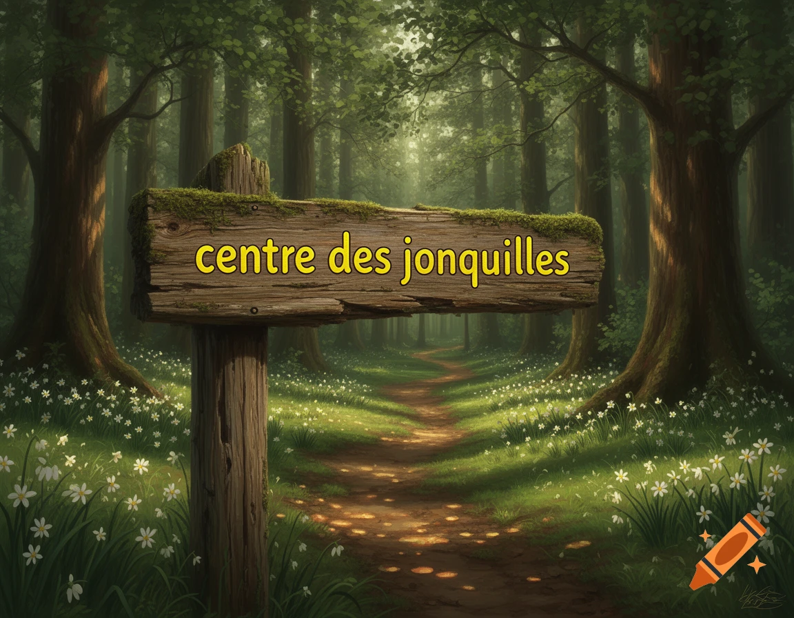 A wooden sign with 'centre des jonquilles' in a vibrant forest path lined with white flowers and tall trees.