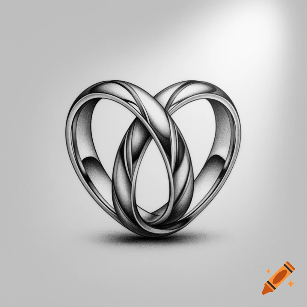 A grayscale pencil drawing of two intricately intertwined rings forming a heart shape, with detailed shading.