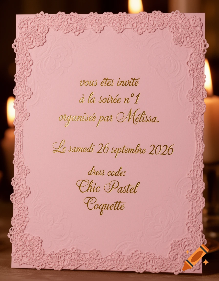 A pastel pink invitation card with delicate lace borders, gold embossed text, and a subtle floral pattern, against a blurred background with candlelight.