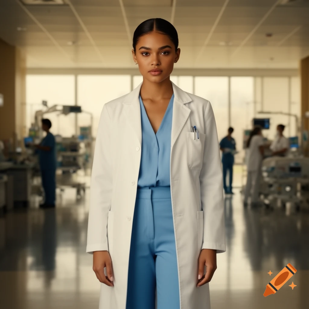 A woman doctor in a white lab coat and blue scrubs stands in a brightly lit hospital hallway.