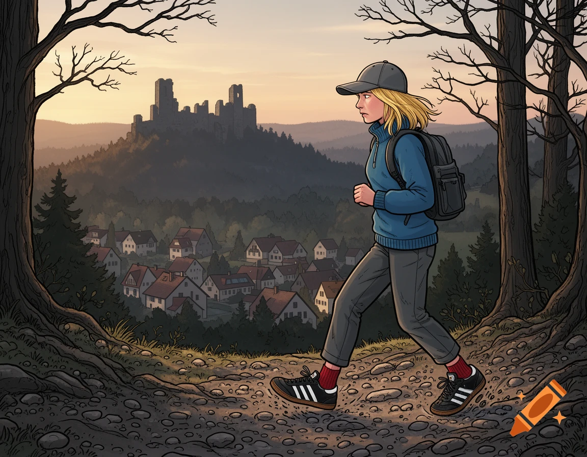 A blonde woman in a cap and backpack hikes on a rocky path, overlooking a village and castle ruin at sunset, in a comic style.