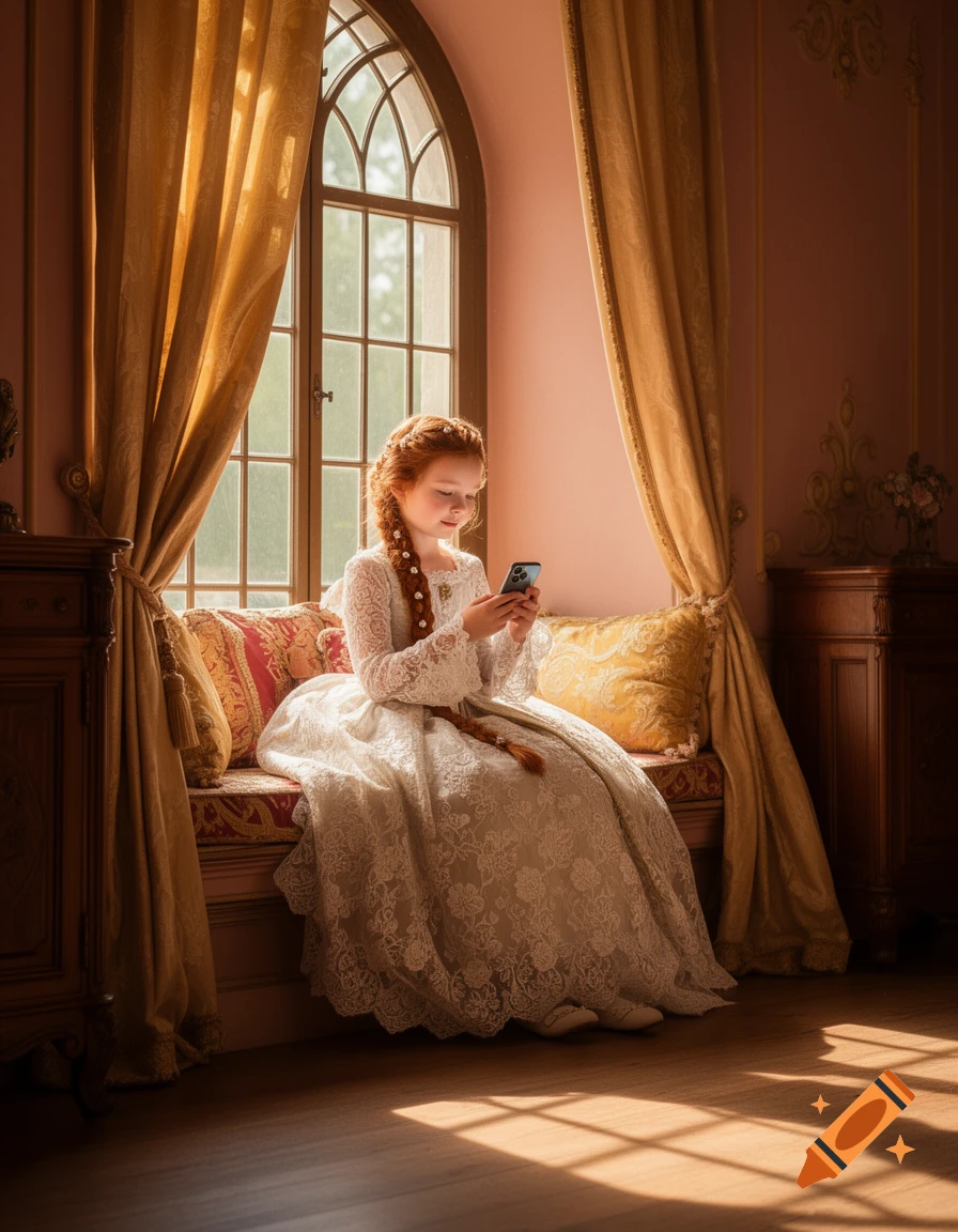 A young red-haired princess in a lace dress sits by an arched window in a lavish room, looking at her smartphone.