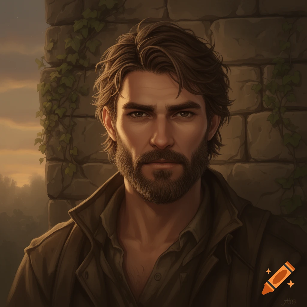 An illustrative portrait of a rugged man with brown hair and a beard, standing in front of a stone wall covered in ivy, under a warm sky.