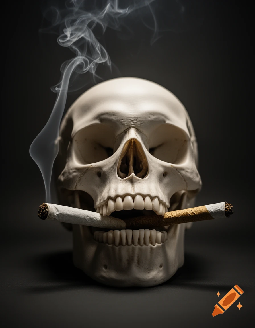 A detailed, photorealistic human skull with a slight smile, holding a lit joint in its teeth with smoke rising against a dark background.
