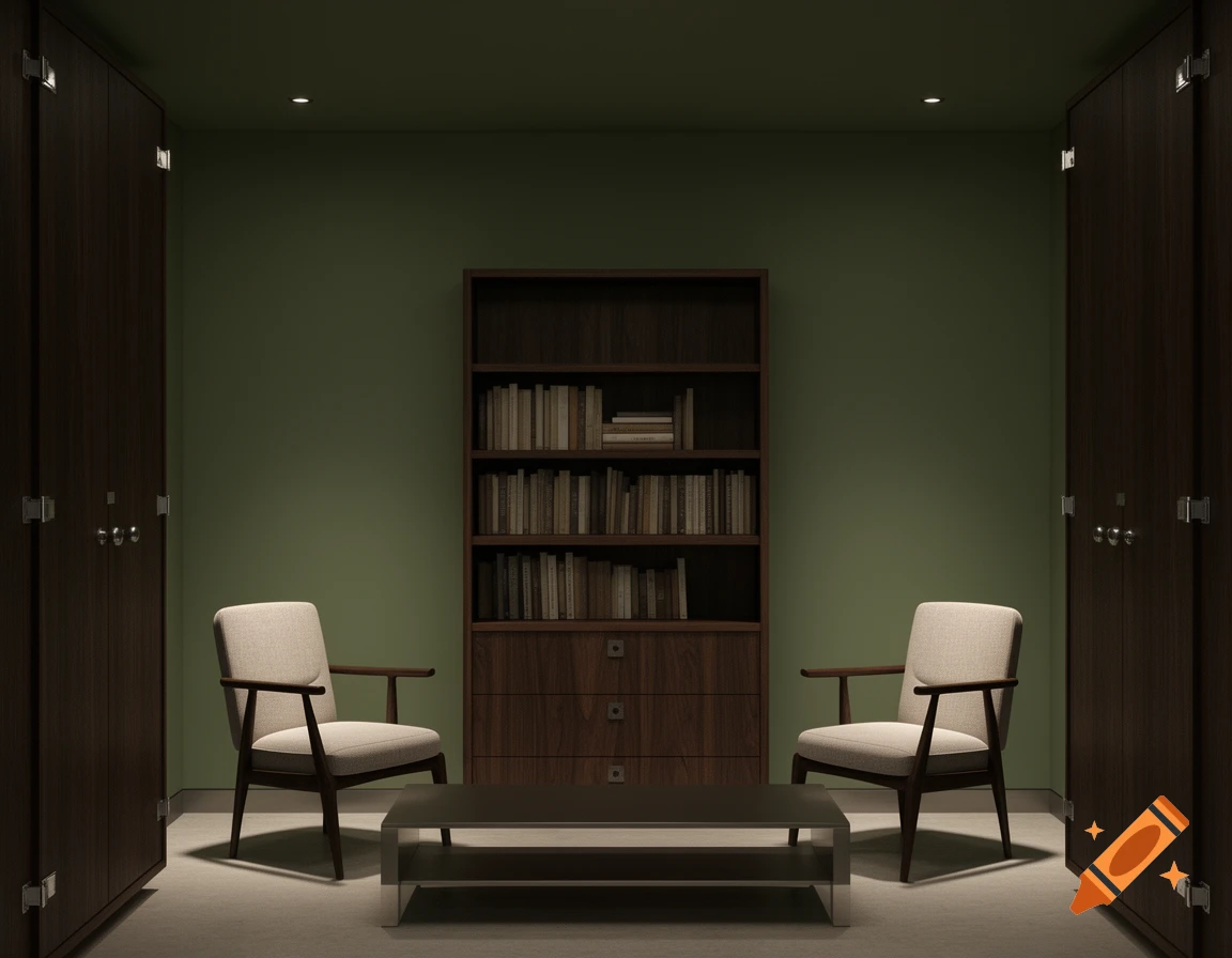 A dimly lit modern room with olive green walls, dark mahogany furniture, two chairs, a bookshelf with books, and a low table.