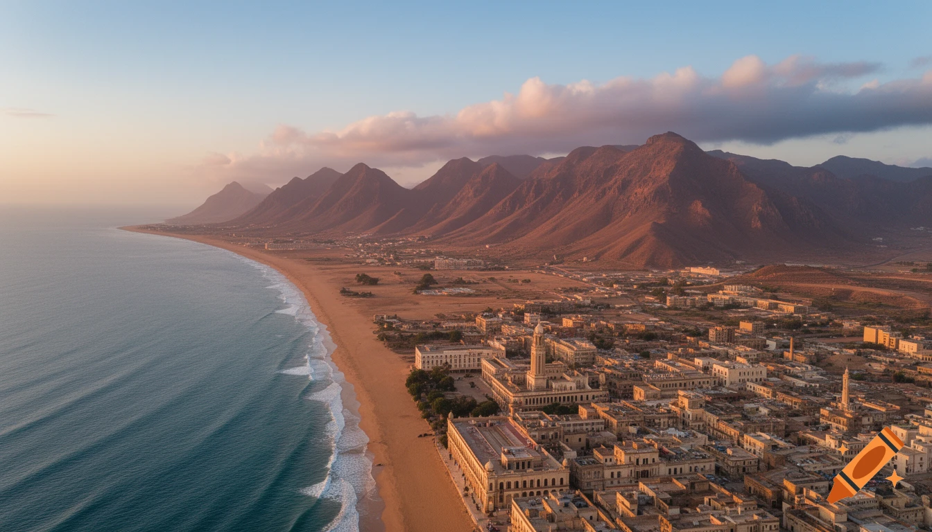 Aerial view of a coastal city with a long sandy beach, turquoise ocean, and rugged mountains under a clear sky at sunrise.