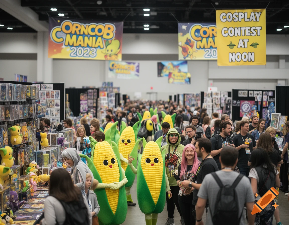 A crowded anime convention with people in various costumes, including several wearing corn cob outfits, under 'Corncob Mania' banners.