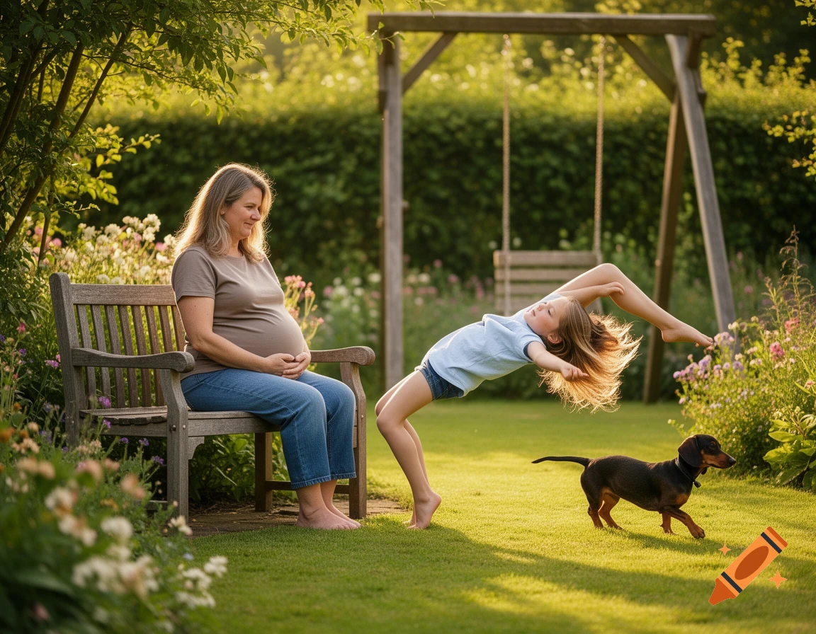 A pregnant woman sits on a garden bench, watching a child do a backbend, while a dachshund walks nearby on the grass.